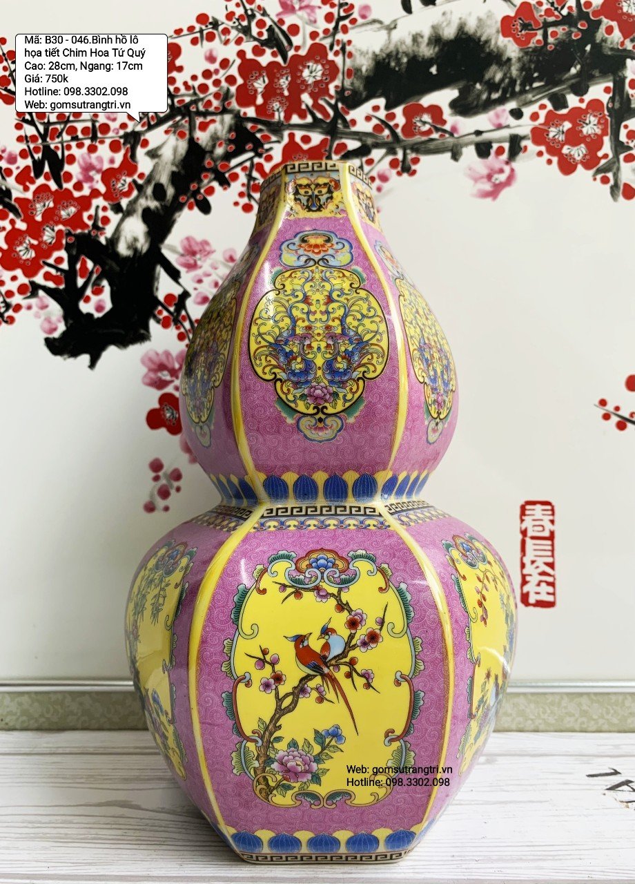 Bình Hồ Lô Họa Tiết Chim Hoa Tứ Qúy